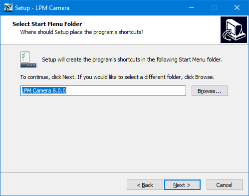 Setup Select Start menu Folder Screen